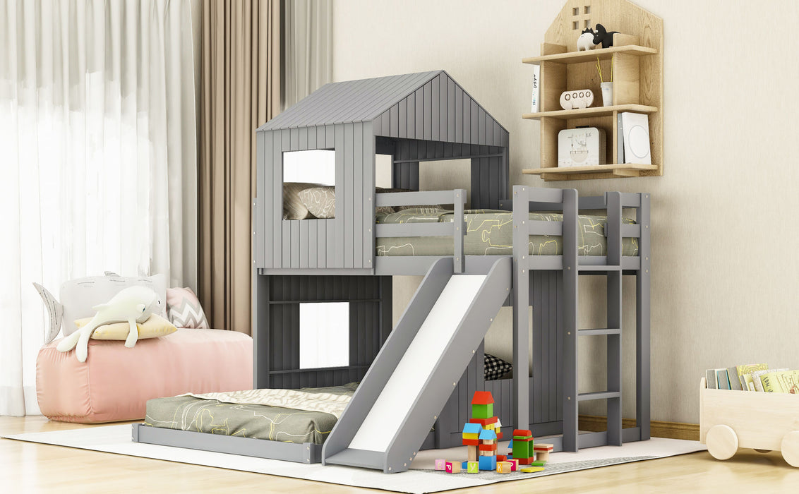 New Space Wooden Twin Over Full Bunk Bed, Loft Bed with Playhouse