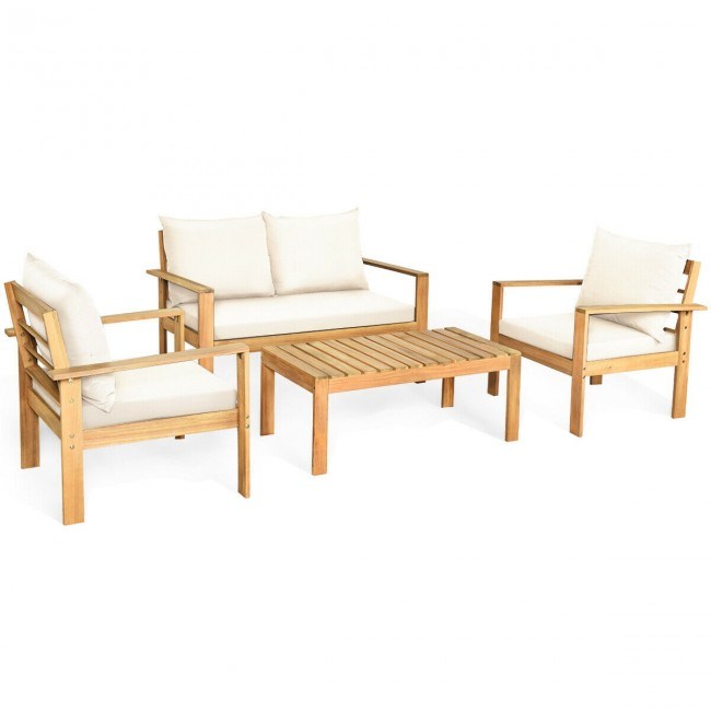 4 Pieces Patio Acacia Wood Thick Cushion Loveseat Sofa Set