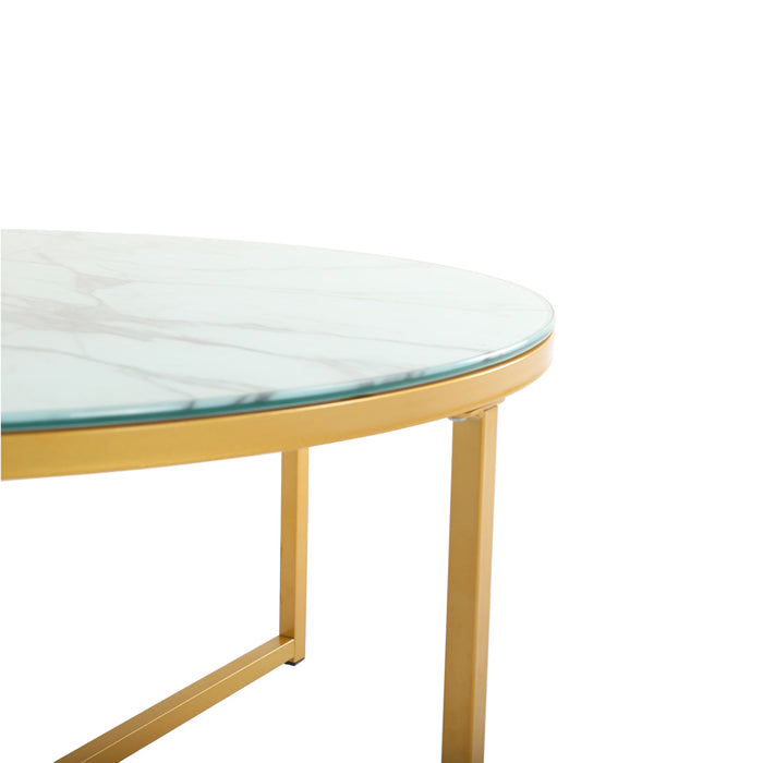 Cross Legs Glass Coffee Table with Metal Base, Marble White Top and Golden