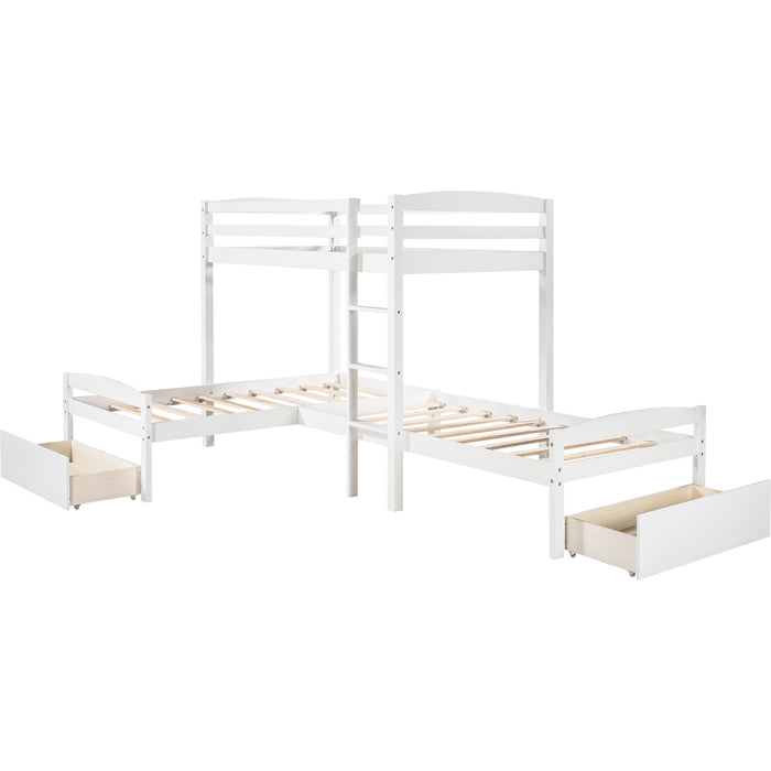 Twin Over Twin L-shaped Bunk Bed with Two Drawers, Pine Wood Bed Frame