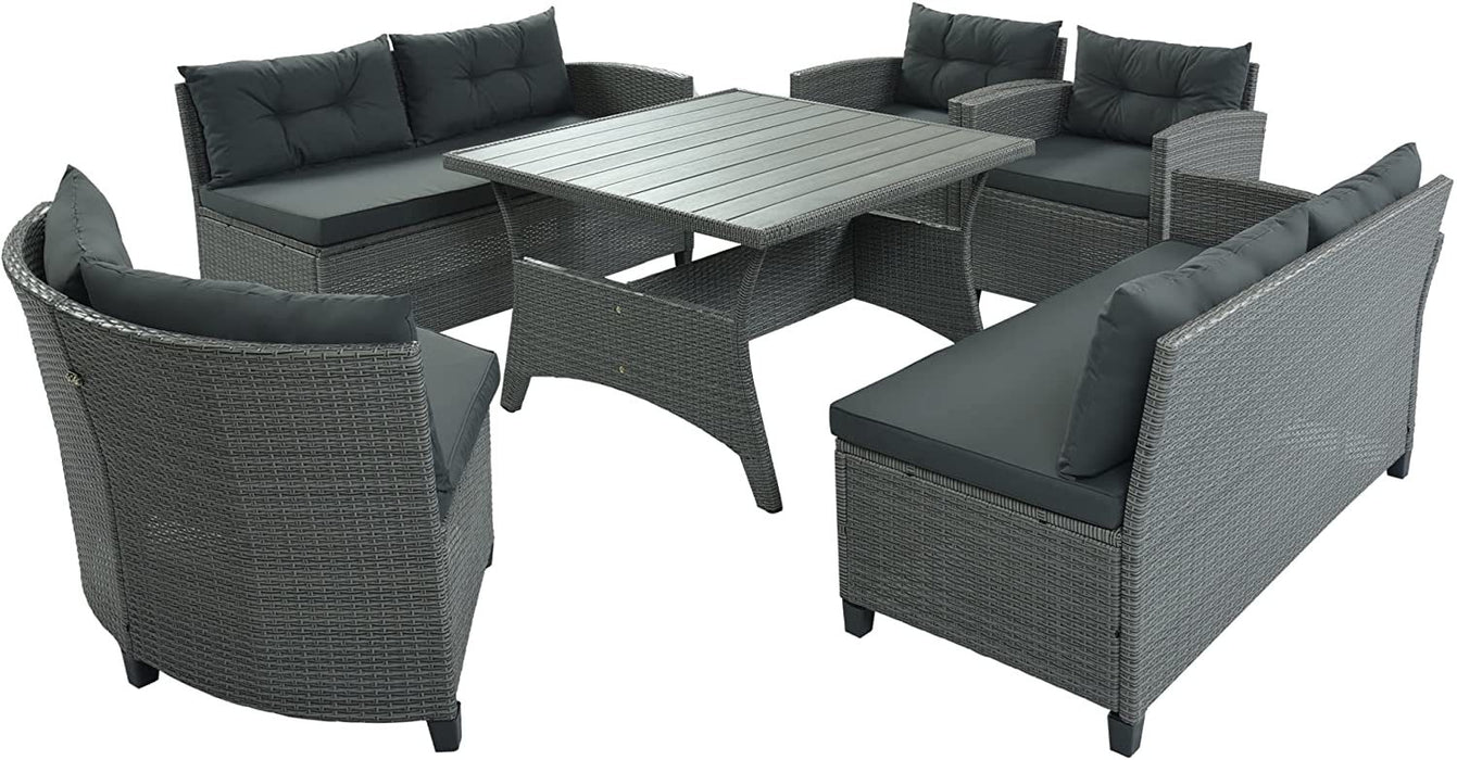 6-Piece Outdoor Wicker Sofa Set, Patio Rattan Dinning Set, Sectional Sofa with Thick Cushions and Pillows, Plywood Table Top, For Garden, Yard, Deck