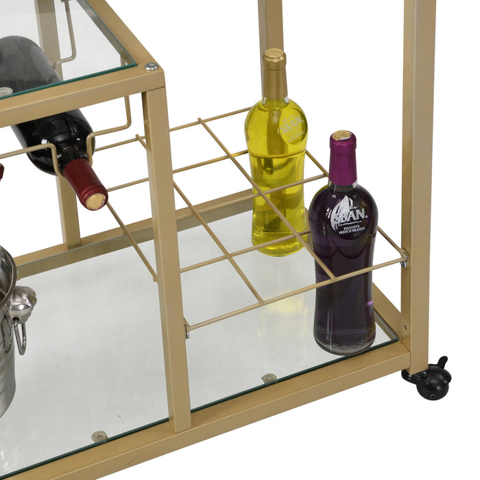 Golden Bar Serving Cart with Wine Rack and Glass Holder, 3-tier Shelves, Metal Frame and Temper Glass