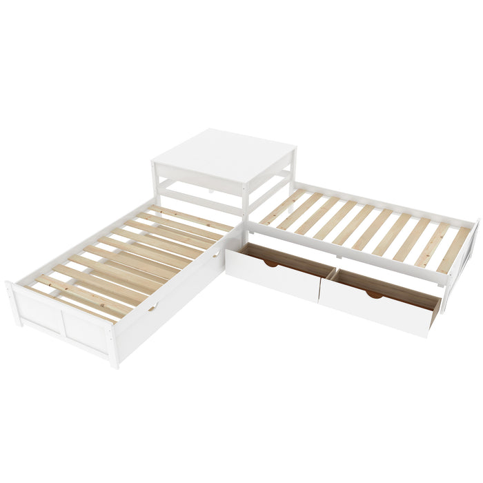 L-shaped Platform Bed with Trundle and Drawers Linked with built-in Desk,Twin