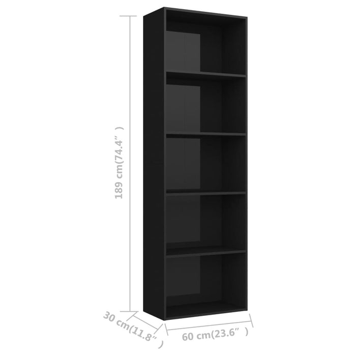5-Tier Book Cabinet High Gloss Black 23.6"x11.8"x74.4" Chipboard