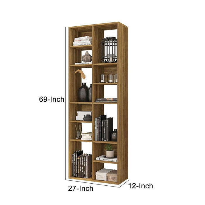 DunaWest Valerie 70 Inch Wooden Bookcase with 10 Shelves and Grains, Honey Brown