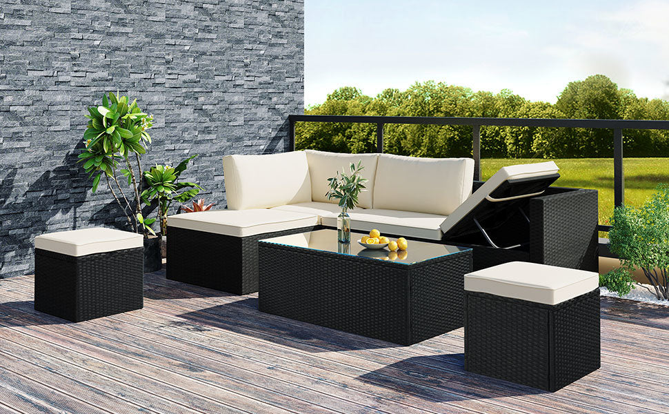 Large Outdoor Wicker Sofa Set, PE Rattan, Movable Cushion, Sectional Lounger Sofa, For Backyard, Porch, Pool, Beige