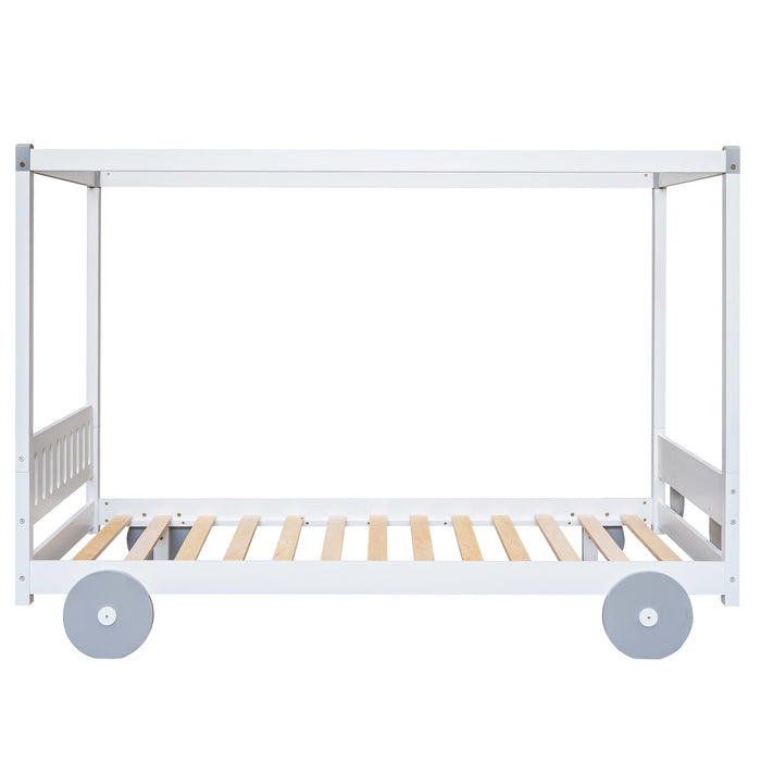 New Space Natural Twin Size Canopy Car-Shaped Platform Bed