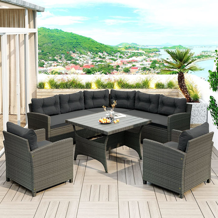 6-Piece Outdoor Wicker Sofa Set, Patio Rattan Dinning Set, Sectional Sofa with Thick Cushions and Pillows, Plywood Table Top, For Garden, Yard, Deck