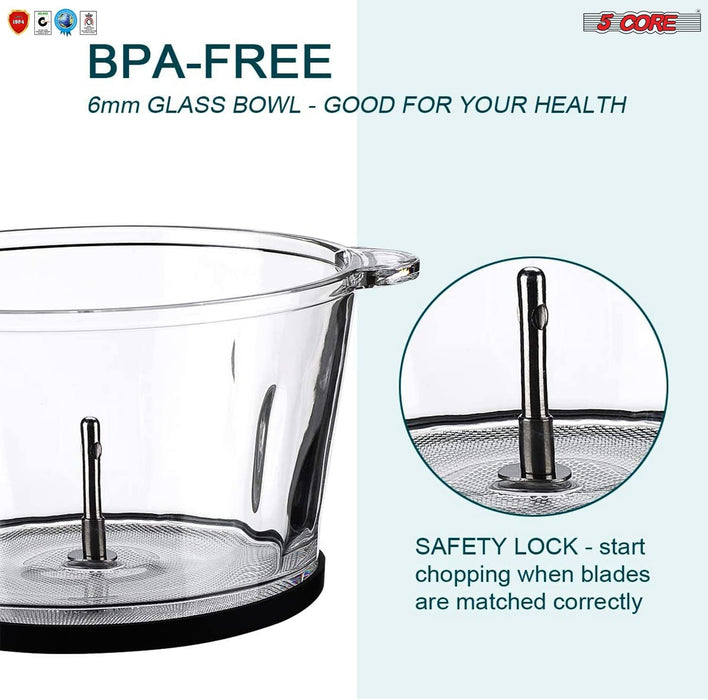 Premium Electric Meat Grinder Food Processor and 4 Titanium Blades, 12 Cup 2.2Qt Glass Strong Bowl for Vegetables Fruit Salad Onion Garlic Meat Ice 300W Motor 5 Core MG S GB