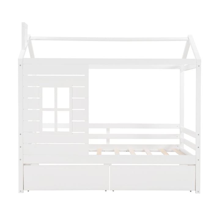 Twin Size House Bed Wood Bed with Two Drawers