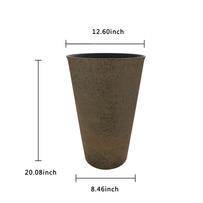 2 Pcs 20"H Tall Planters Plastic Plant Pots with Drainage, 12"W Large Round Tree Pot with Cement Pattern, Rust Brown