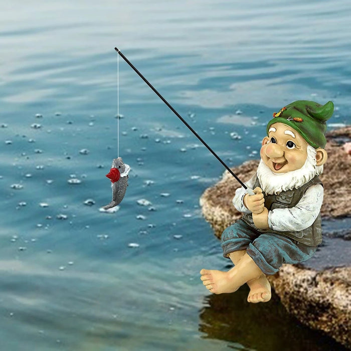 Fishing Gnome Statue Sitter