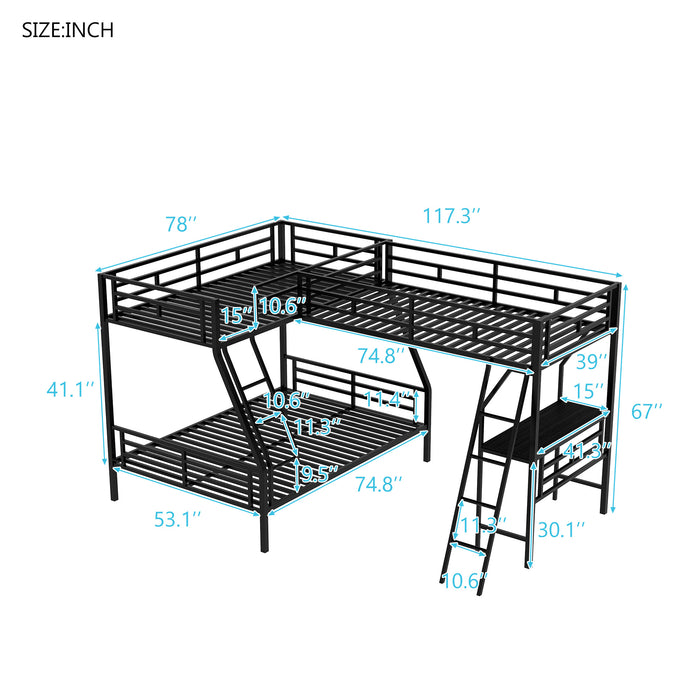 Twin over Full Bunk Bed with a Twin Size Loft Bed attached, with a Desk, Metal
