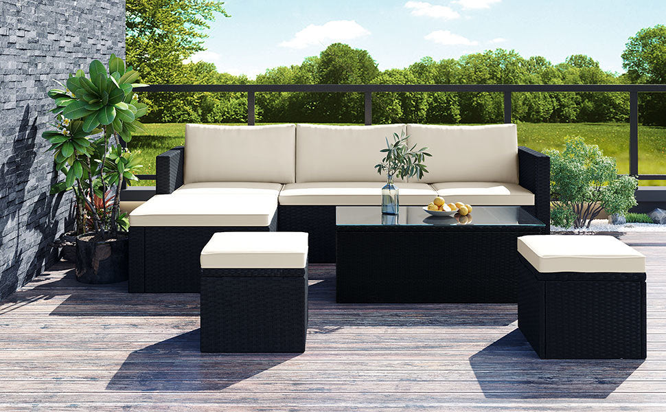 Large Outdoor Wicker Sofa Set, PE Rattan, Movable Cushion, Sectional Lounger Sofa, For Backyard, Porch, Pool, Beige