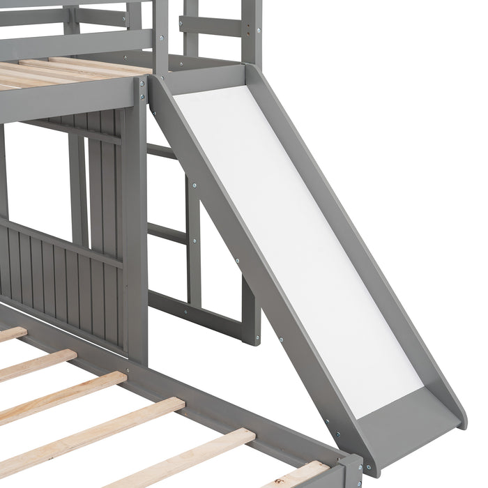 New Space Wooden Twin Over Full Bunk Bed, Loft Bed with Playhouse