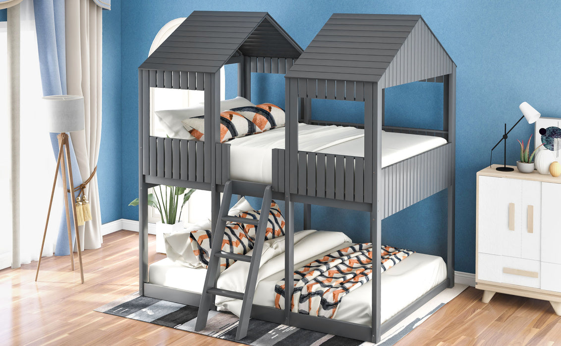 New Space Full Over Full Wood Bunk Bed with Roof Window