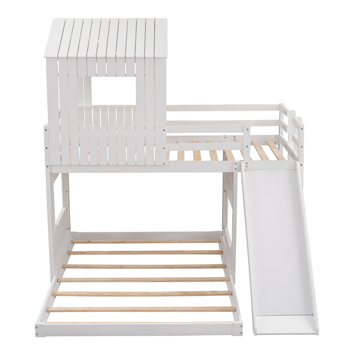 New Space Wooden Twin Over Full Bunk Bed, Loft Bed with Playhouse