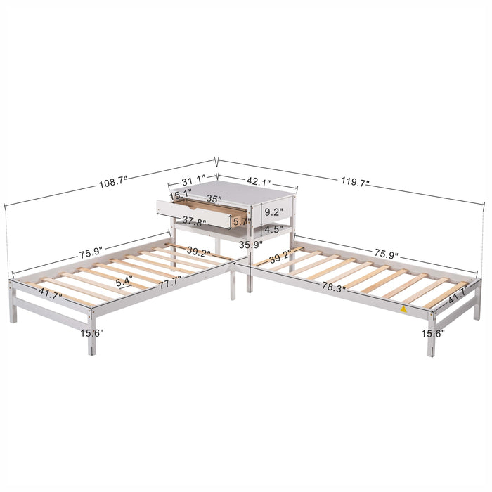 Grenco Twin Size L-Shaped Platform Beds with Drawers