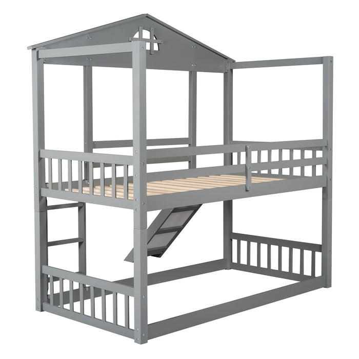 MyRoom Twin Over Twin House Bunk Bed With Convertible Slide And Ladder