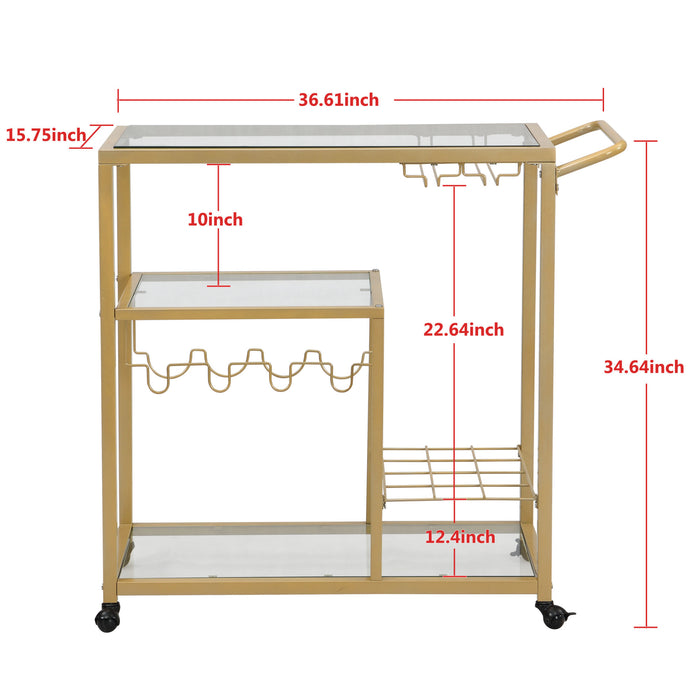 Golden Bar Serving Cart with Wine Rack and Glass Holder, 3-tier Shelves, Metal Frame and Temper Glass