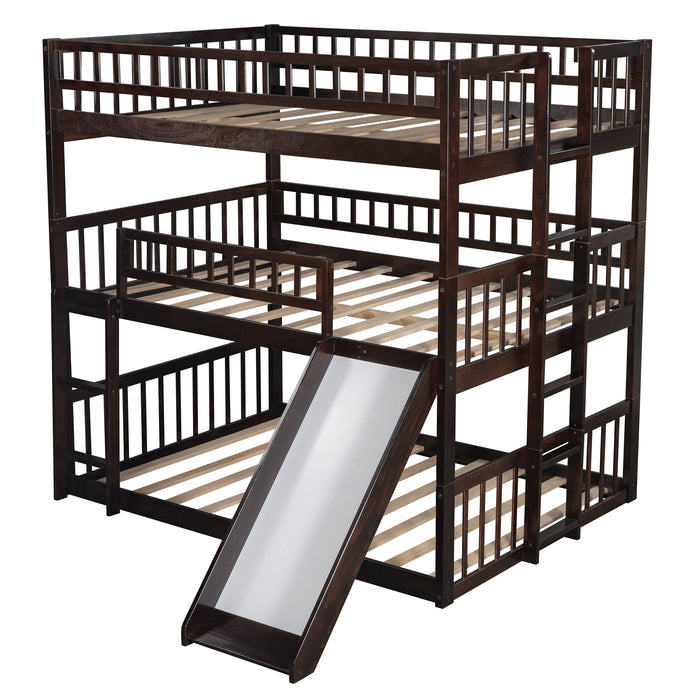Triple Bed with Built-in Ladder and Slide , Triple Bunk Bed with Guardrails