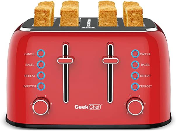 Toaster 4 Slice, Geek Chef Retro Red Extra Wide Slot