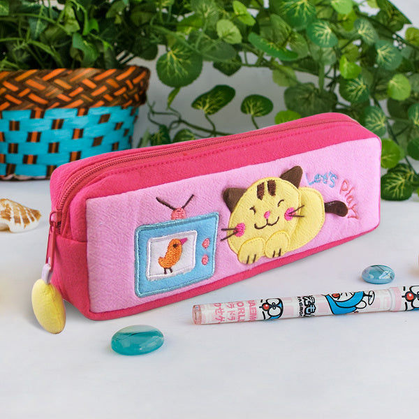 [Let's Play] Embroidered Applique Pencil Pouch Bag / Cosmetic Bag / Carrying Case (7.5*2.5*1.6)