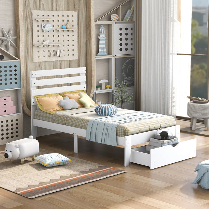 Twin Size Platform Bed with Drawer, White (New) RT