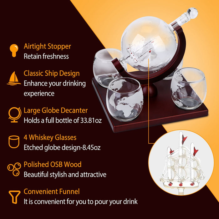 Whiskey Decanter Globe 4Pc Set Etched World Whiskey Glasses