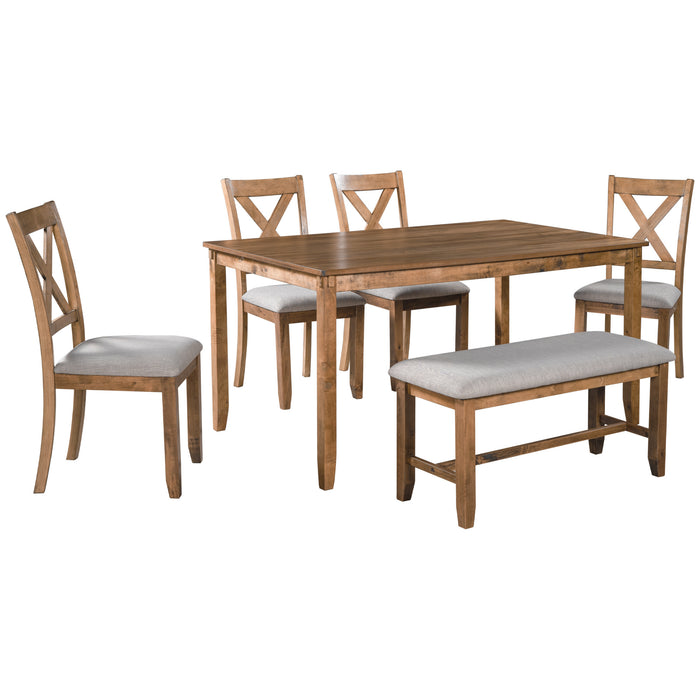 6-Piece Kitchen Dining Table Set Wooden Rectangular Dining Table, 4 Fabric Chairs and Bench Family Furniture