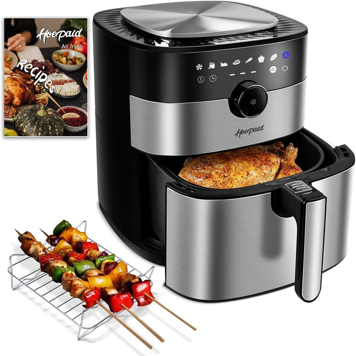 Air Fryer, Family Electric Oilless Hot Air Fryer Oven, Oilless Stainless Steel Oven with Non-Stick Basket and Rack, Touch Screen and Knob, 8 Preset Modes (5.6QT)