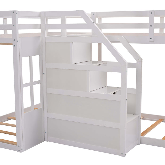 Twin over Twin L-Shaped Bunk Bed with Built-in Middle Staircase