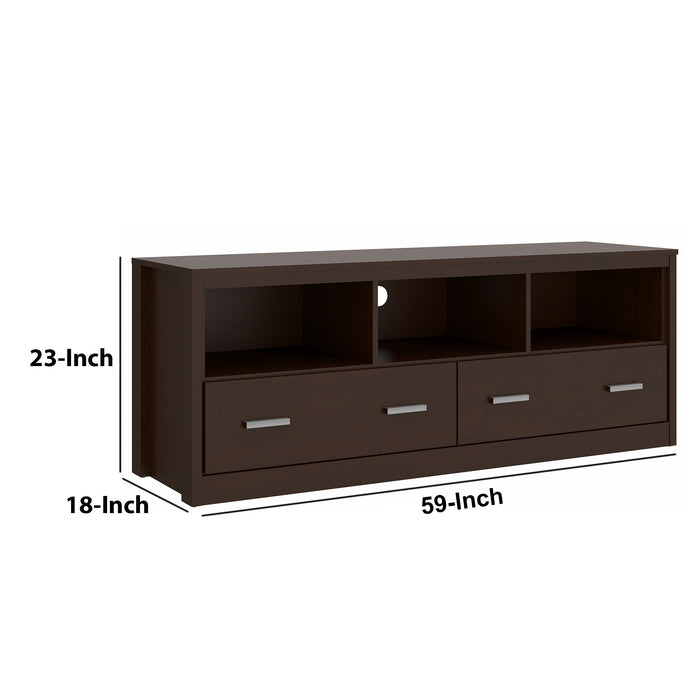 DunaWest 59 Inch Wooden TV Stand with 2 Drawers and 3 Open Compartments, Tobacco Brown