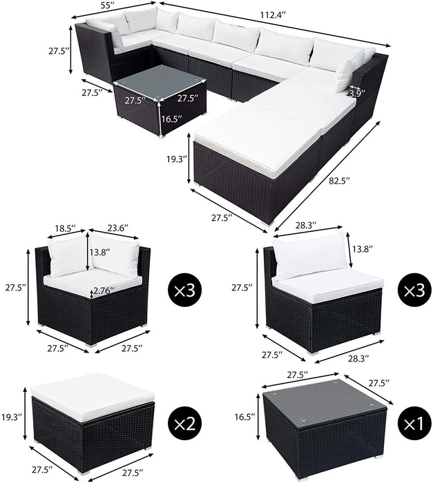 9-piece Outdoor Patio PE Wicker Rattan conversation Sectional Sofa sets with 3 sofa, 3 corner sofa, 2 ottomans, and 1 glass coffee table, removable soft cushions
