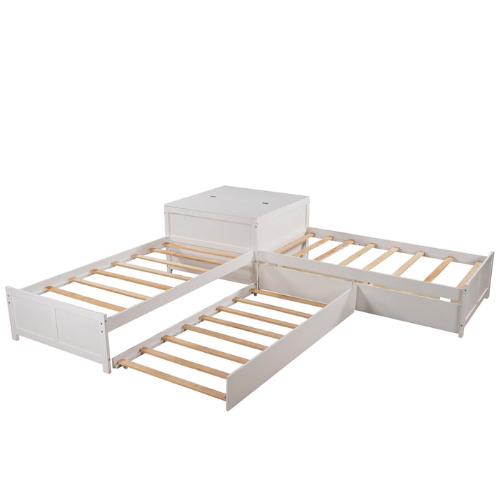 L-shaped Platform Bed with Trundle and Drawers Linked with built-in Flip Square Table,Twin