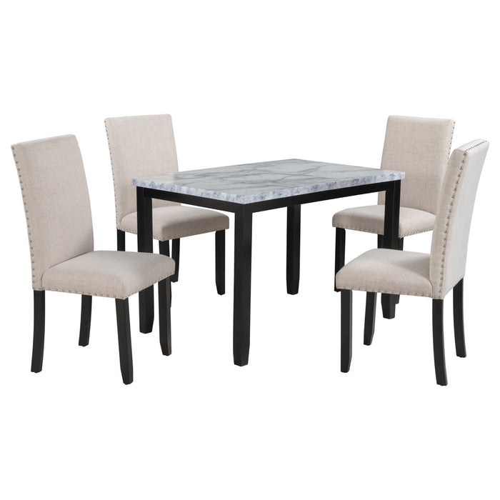 Faux Marble 5-Piece Dining Set Table with 4 Thicken Cushion Dining Chairs