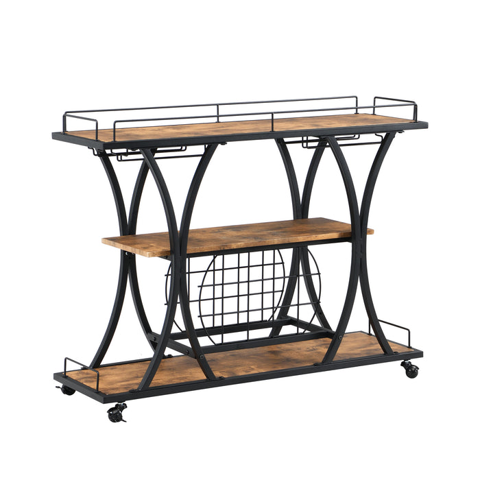 Industrial Black Bar Serving Cart for home with Wine Rack and Glass Holder, 3-tier Shelves, Metal Frame