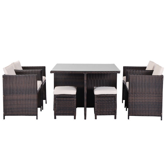 9 Piece Rattan Conversation Set with Cushions, Patio Rattan Dining Set