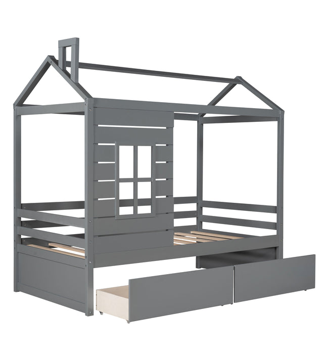 Twin Size House Bed Wood Bed with Two Drawers