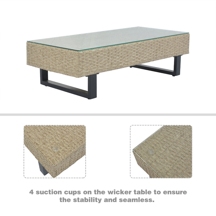 3-piece Outdoor Wicker Sofa Patio Furniture Set, L-shaped Corner Sofa, Water And UV Protected, Two Glass Table, Adjustable Feet And 3.1" Thicker Cushion, Light Gray Cushion and Beige Wicker