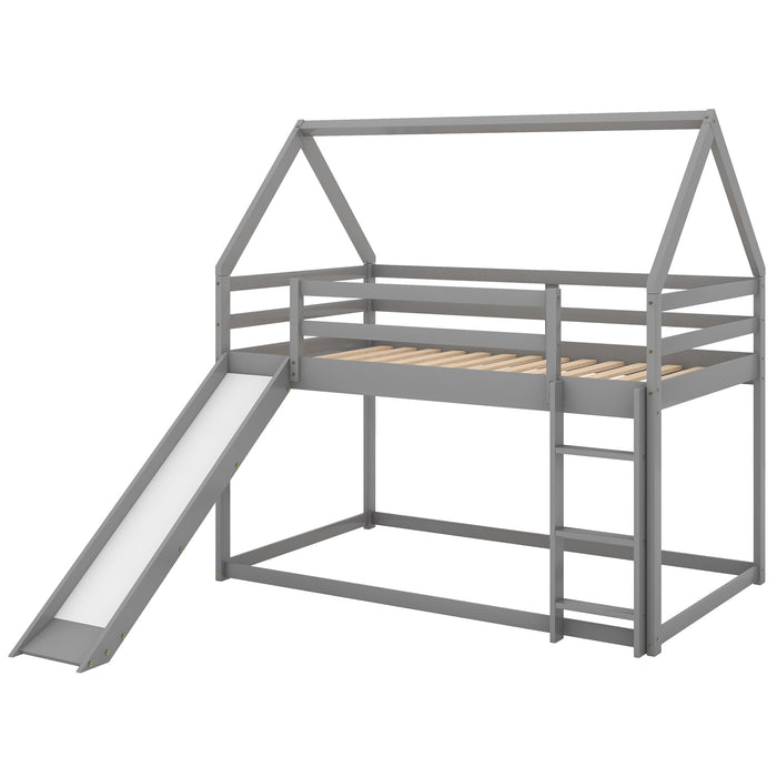 Twin over Twin Low Bunk Bed, House Bed with Ladder , White