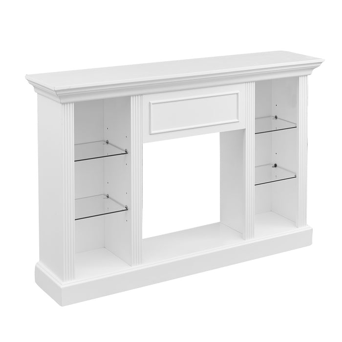 Mid Century Modern Electric Fireplace TV Stand, Fit up to 55" Flat Screen TV with Tempered Glass Adjustable Shelves Open Storage Cabinet, White