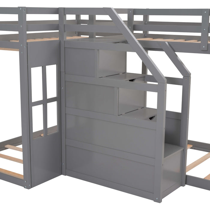Twin over Twin L-Shaped Bunk Bed with Built-in Middle Staircase