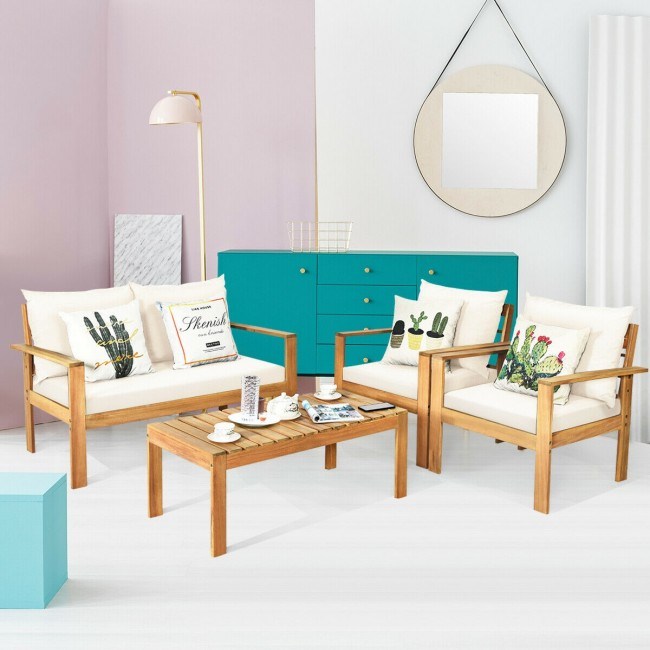 4 Pieces Patio Acacia Wood Thick Cushion Loveseat Sofa Set