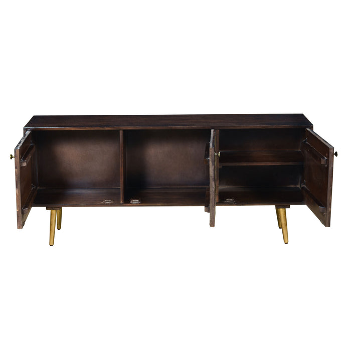 DunaWest 56 Inch Wooden TV Console with Geometric Front 3 Door Cabinets, Dark Brown, Gold