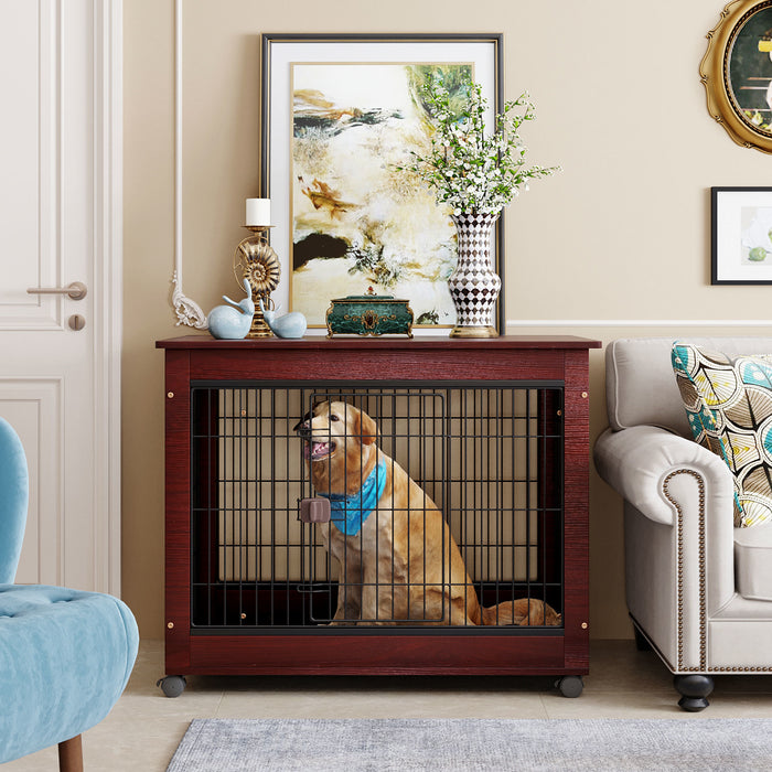 39' Length Furniture Style Pet Dog Crate Cage End Table with Wooden Structure and Iron Wire and Lockable Caters, Medium and Large Dog House Indoor Use.