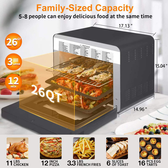 Chef Steam Air Fryer Toast Oven Combo , 26 QT Steam Convection Oven Countertop , 50 Cooking Presets, with 6 Slice Toast, 12" Pizza