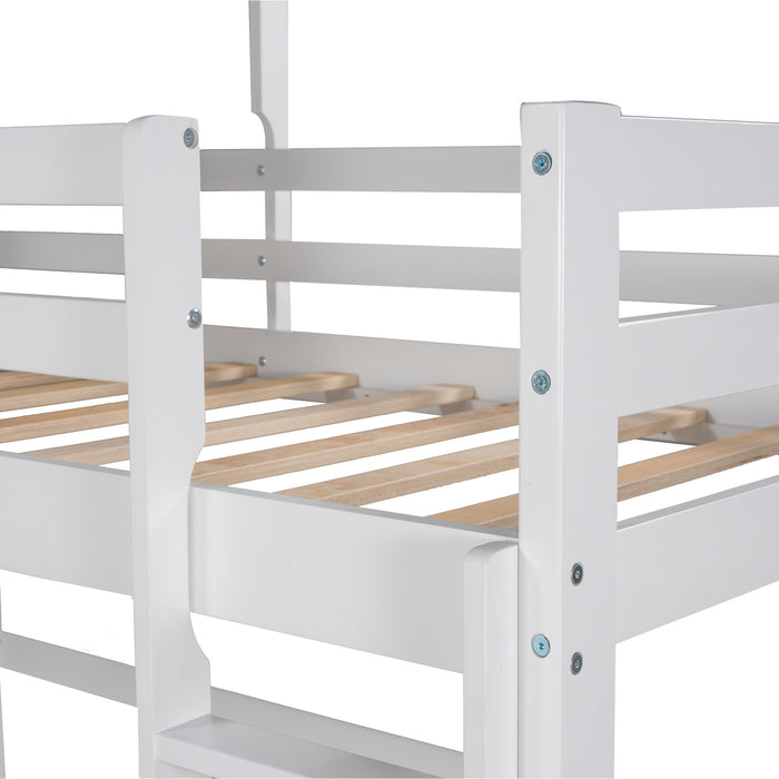 Twin Size Loft Bed with Roof, House Bed, Gray and White