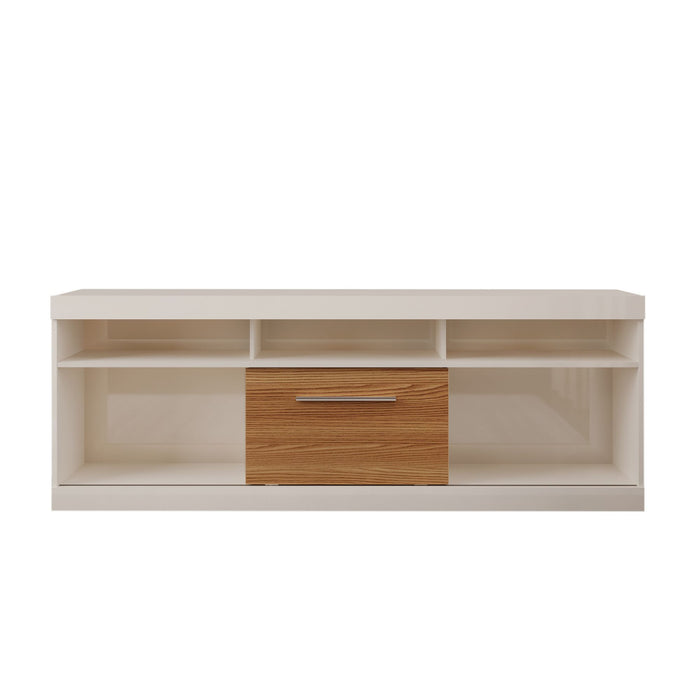 DunaWest 71 Inch TV Stand with Open Compartments and Sliding Door, Off White and Oak
