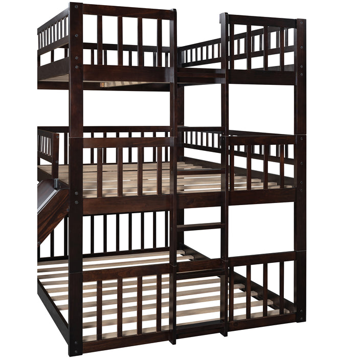 Triple Bed with Built-in Ladder and Slide , Triple Bunk Bed with Guardrails